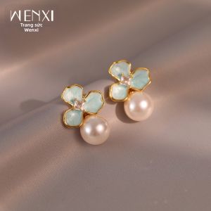 WENXI | Bông Tai Bốn Lá Clover Mạ Men Trắng