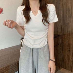 Summer New Womens T-shirt V-neck Drawstring Slim Fit Short Sleeve Student Fashion Top Commute Style Pure Color Design