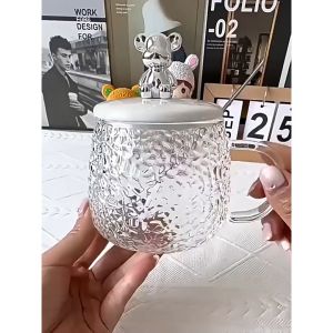 Cốc nước thuỷ tinh nhám hình gấu BEARBRICK kèm thìa siêu đẹp CY1273