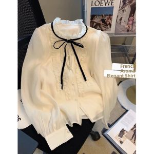 Spring French Style Elegant Bow Trim Ruffle Collar Blouse