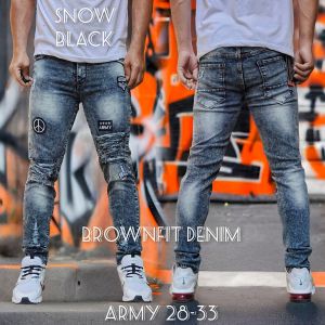 Celana Jeans Sobek Pria Panjang Emblem Stretch Melar Denim Tebal Slimfit Skinny Size 28-34