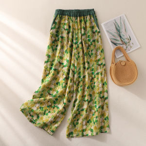 Quần Ống Rộng Vải Lanh Cotton Mùa Hè 2025 Cho Nữ Cạp Cao Rộng Rãi Mỏng Thường Ngày Họa Tiết Hoa Cổ Điển Quần Dài