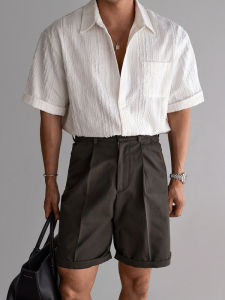 DAVID&ME | American Texture Stripe Turn-Down Collar Short Sleeve Summer Lightweight Sun-Protective Wrinkle-Resistant Shirt