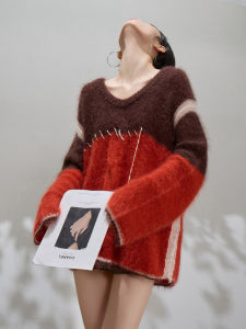 Red Stylish Color Block Loose Pullover Knit Sweater