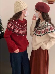 Thickened Christmas Red Fair Isle Knitted Sweater Womens Autumn Winter Inner Wear Lazy Style Overhead Knitted Shirt