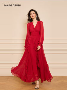 Elegant Red Flounced Waist Long Sleeve Dress