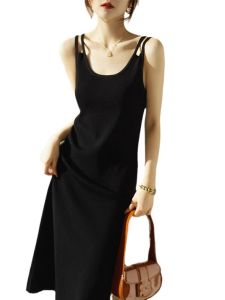 Quality Black Sleeveless Vest Dress Womens Spring/Summer Mid Length Long Length Slimming Inner Ice Silk Knitting Bottoming Suspender Skirt