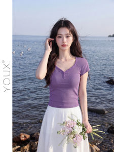 YOUXIANG | Áo Thun Ngắn Tay Ôm Sát Cổ V Màu Tím