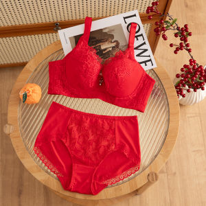 Wedding Year Red Large Size Thin Lace Bra Set Gather Adjustable Women Underwear Cotton Lined mid Waist Fixed Strap Bra