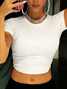 Solid Color Round Neck Short Sleeved T-Shirt Comfortable Elasticity Exposed Navel All Season WomenS Clothing Aesthetic Clothes