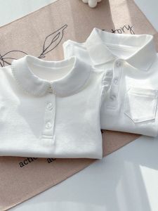 Pure Cotton Long Sleeve White Shirt for Children School Uniform Basic Polo Collar Turn-down Collar Boys Girls Clothing