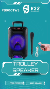 V2S PB-900TWS 8inches Wireless Bluetooth Portable Trolley Speaker With Wired Microphone.