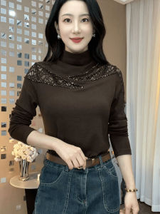 2025 New Fashion Half High Collar Long Sleeve Diamond Embellished Base Shirt for Middle-Aged Women Elegant Single-Piece Top
