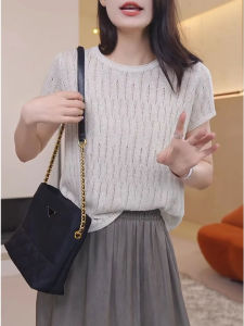 Loose Knit Top Thin Light Short Sleeve Round Neck Hollow Out Design
