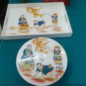 Bộ khay dĩa hộp mứt sơn mài họa tiết dân gian Đông Hồ chơi chim (Chim lồng)