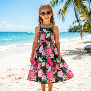Summer Girls Dress Tropical Floral PrintSpaghetti Strap Beach Long Dress Boho / Hawaiian Party Kids Clothing 5-12 Years