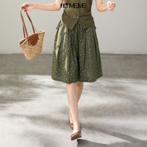 HTMEME | Retro Showa Flax Flower Print Wide Leg Capri Pants