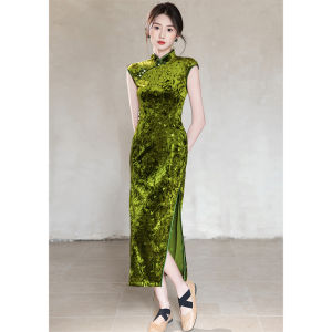 Shanghai Silk Velvet Green Chinese Style Elegant Cheongsam