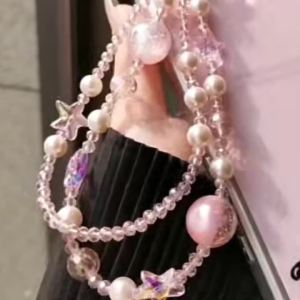 Cute Pink Beaded Phone Wrist Strap with Star Charms Pearl Crystal Mobile Phone Lanyard Anti-Lost Phone Chain for Women Girls