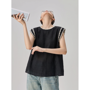 GULILI | French Retro Black and White Lace Contrast Sleeveless Top Vest