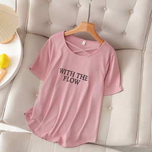 เสื้อยืดแขนสั้นลายตัวอักษรไซส์ใหญ่ คอกลม ทรงหลวม ผ้าโพลีเอสเตอร์ แฟชั่นเกาหลี สำหรับผู้หญิง