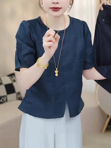 Shalldoer | Áo thun nữ tay ngắn ôm vừa vặn mùa hè 2025 cổ tròn màu trơn thời trang đa năng phong cách cổ điển Hồng Kông tay lửng