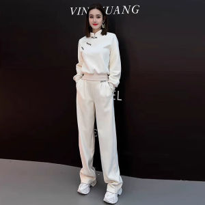 New Chinese Style Sportswear Set Womens Casual Wide Leg Pants Two Piece Suite Spring Autumn Fashion Anti Aging Hoodie
