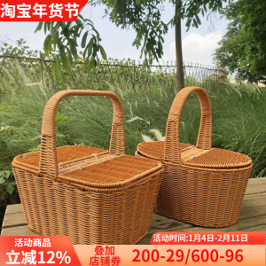 Large Outdoor Wicker Basket Handheld Picnic Basket with Lid Shopping Basket Vegetable Buying Basket Plastic Material