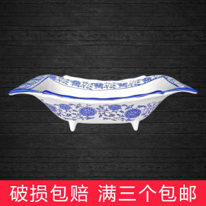 Retro Blue And White Porcelain Creative Ceramic Tableware Bamboo Slice Bowl Homestay Cuisine Fish Plate Cold Dish Tray
