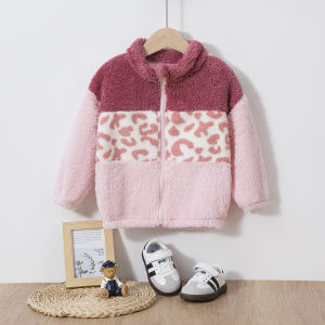2025 Girls Winter Fleece Jacket Leopard Print Long Sleeve Zipper Closure Thick Warm Top Casual Versatile Kids Outerwear