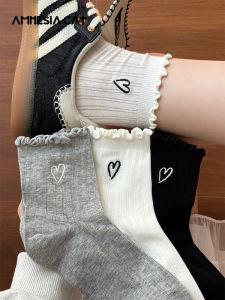 White Lace Cotton Mid-Calf Socks for Women Spring Autumn Cute Grommet Edge Short Socks Breathable Moisture Wicking Comfortable