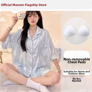 MiiOW | Cool Silk Ladies Summer Short Sleeve Long Pants Sleepwear Sets