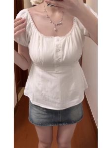 Plus Size Plus Size Ladies French Style Pure Desire Square Collar Shoulder Short Sleeve Shirt Womens Summer Silm Slim Looking Small Figure Flattering Tops