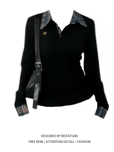 Plus Size Chubby Girl Korean Style Plaid Lapel Stitching Long Sleeve T-shirt Womens Autumn New Arrival Silm Slim Fit Versatile Top Tide