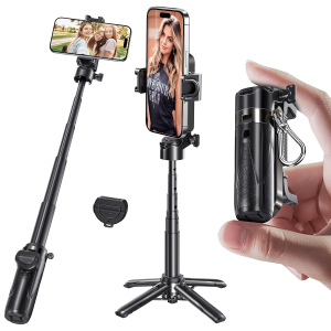 P15 Mini Tripod Stand Portable Pocket-Sized Selfie Stick for iPhone with Rechargeable Remote And Metal Clasp Black