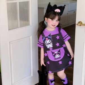 ชุดเดรสน่ารักสำหรับเด็กชุดเด็กผู้หญิงเสื้อแขนสั้นสำหรับเด็กหญิง Lotso Kuromi Judy ชุดกระโปรงพิมพ์ลายสำหรับเด็กผู้หญิง