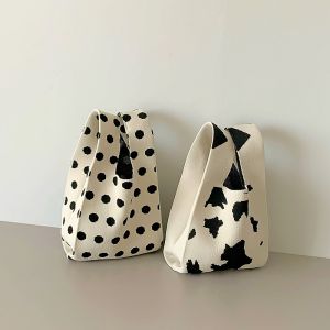 Knitted Handbag Soft Handle Korean Style Bucket Bag Polyester Lining Washable Online Exclusive Youth Casual Fabric Handbag
