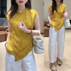Shalldoer | Bộ đồ hai mảnh thời trang mùa hè cho nữ Áo sơ mi không tay thêu họa tiết phong cách quốc gia Quần ống đứng Bộ đồ thường ngày