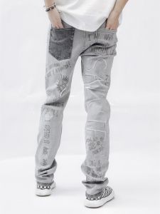 รวมแล็บ Inside Out Vintage Washed Graffiti Tagging เดนิม กางเกงยีนส์ Youth สลิมฟิต High สตรีทสไตล์ ซิป Fly Mid เอว กางเกงยีนส์
