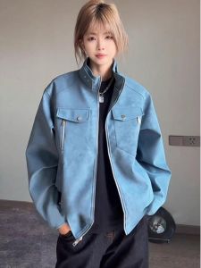 ZHUOCAN | Stylish American High Street PU Jacket Male For Spring Autumn Cleanfit Worker Style With Standing Collar