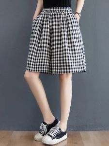 High Waist Plaid Cotton Linen Short Pants Womens Summer New Thin Loose Slimming Wide Leg Pants Ethnic Style Casual Trousers