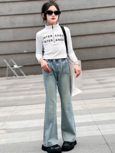 Girls Flared Denim Jeans Spring Autumn New Style Early Spring Clothes 12 Years Old 13 Elastic Pants Casual mid Waist Long Trousers