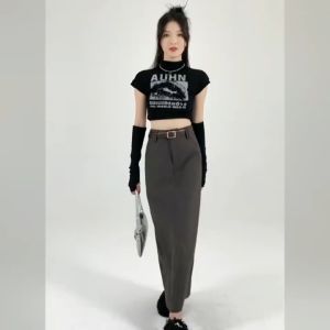 Gaya Korea gaya baru kasual wanita rok lurus pinggang tinggi sedang