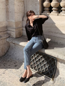 Black Pure Cotton Long Sleeve Shirt Womens Commute Style Fashionable Versatile Spring Autumn Button up Polo Neck Regular Fit