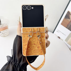 Wrist Strap Leather Cartoon Phone Case for Samsung Galaxy Z Flip 7 FE 6 5 4 3 ZFlip7 ZFlip6 Hard Shell Hinge Protection Cover