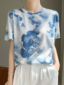 Summer New round Neck Short Sleeve Womens Lyocell Tencel Graffiti Long Sleeve Knitted Shirt Thin Sun Protection Top