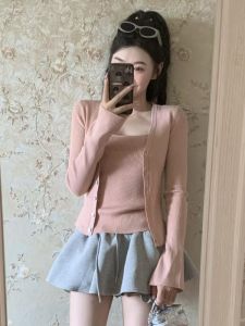 VKSOD | ชุดเสื้อกั๊กเปิดไหล่สไตล์เกาหลีสำหรับผู้หญิงในฤดูใบไม้ร่วง ชุดสองชิ้น คุณภาพสูง สไตล์เกาหลี แฟชั่น คอกลม แขนยาว