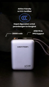 Vention Dash PowerPro Mini Power Bank 20000mAh 77Wh With Built-in USB TYPE-C Cable 45W PD PPS (1C1A) | 3C CCC Power Bank