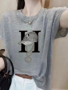 DVDK | Gray Bamboo Cotton Ice Silk Summer Tee Slimming Letter Print T-Shirt