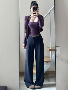 Quần Nỉ Ống Rộng Cạp Cao Màu Xanh Lam Thường Ngày Cho Nữ Mùa Xuân Thu Quần Dài Ống Đứng Rộng Rãi